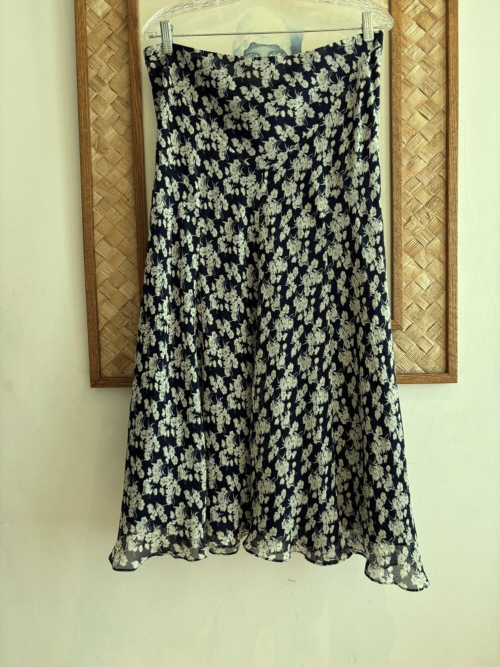 Vintage Ralph Lauren Green Label 100% Silk Navy Blue Floral Skirt Lined sz L NWT